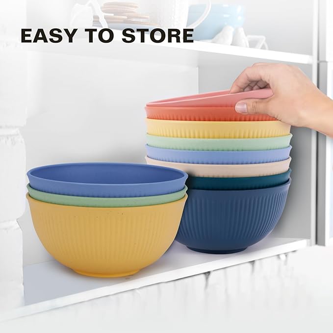Wheat Straw Bowls, 26 Oz Unbreakable Plastic Soup Salad Cereal Bowls Sets of 8, Lightweight Reusable Microwave Dishwasher Safe BPA-Free for Kitchen Camping Ramen Snack, Multicolor