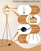 Lightdot Tripod Floor Lamp for Living Room, Gold Standing Lamp with Brown Glass Lampshade, Farmhouse Tall Lamp for Bedroom, Arced Reading Light for Home Office