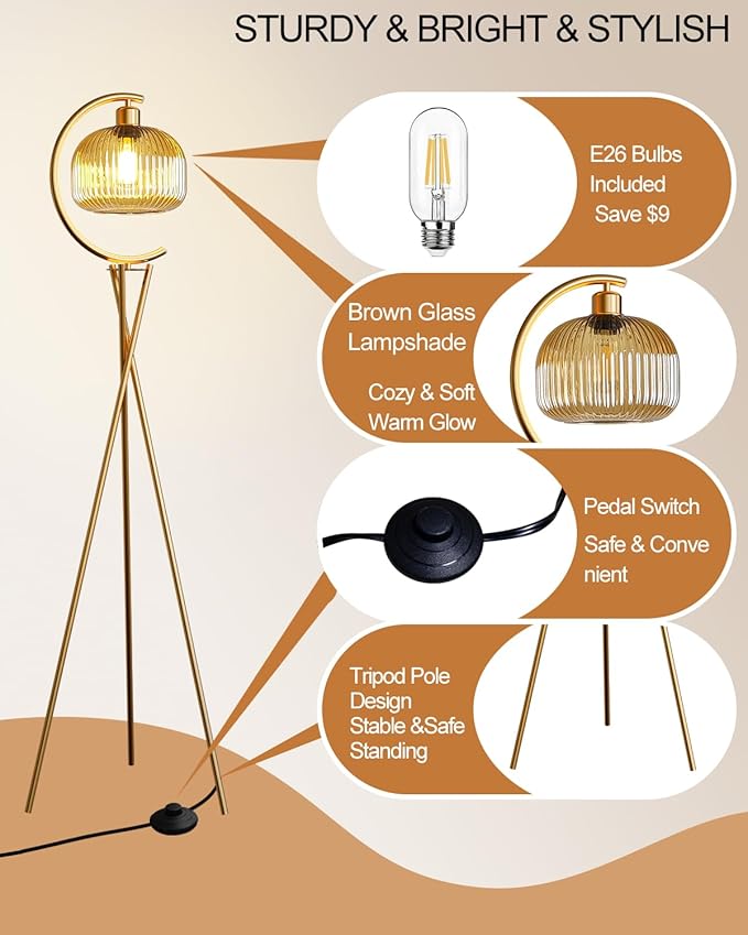 Lightdot Tripod Floor Lamp for Living Room, Gold Standing Lamp with Brown Glass Lampshade, Farmhouse Tall Lamp for Bedroom, Arced Reading Light for Home Office