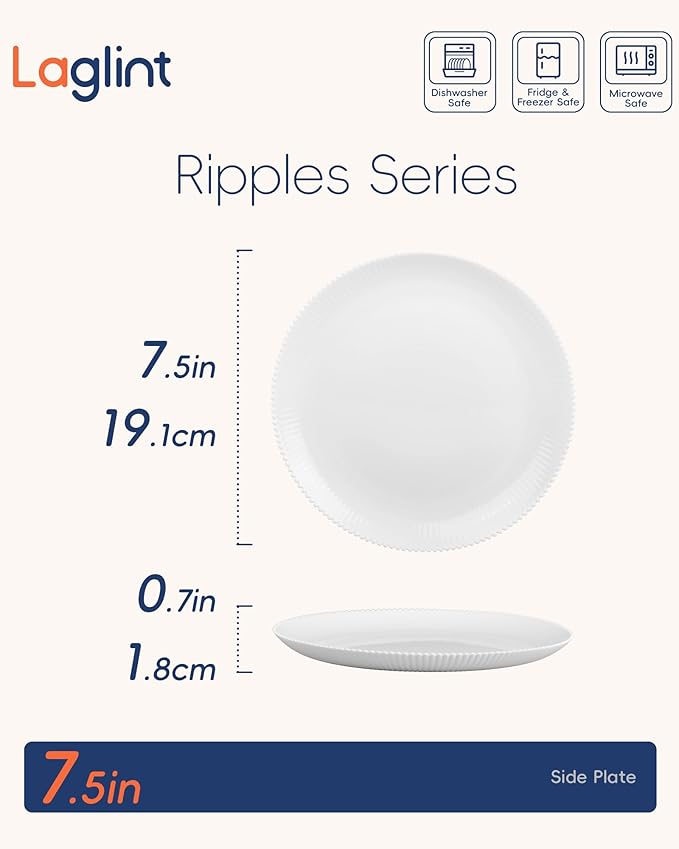7.5 inch Ribbed Salad Appetizer Plate Set of 6, Opal Glass Round Small White Plates for Dessert, Kitchen, Dishwasher and Microwave Safe