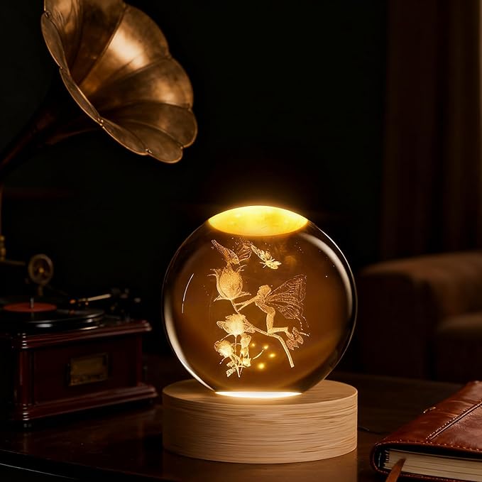 Fairy Crystal Ball, 3D Laser Engraved Rose Butterfly Glass Night Light, Decorative Globe Crystal Lamp Sphere, Decorative Light Gifts for Girls, Her, Fairy Lovers