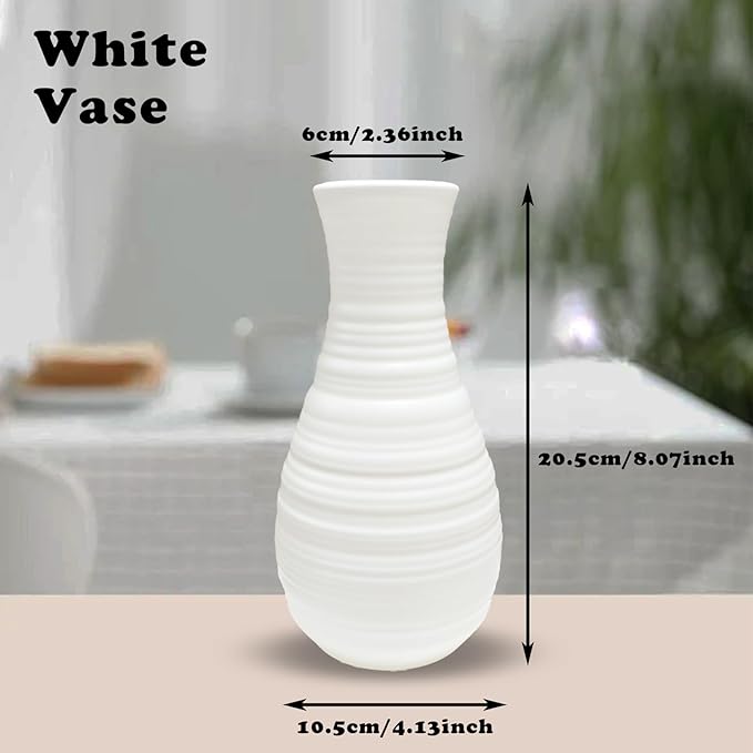 Small White Plastic Flower Vase - Dired/Fake Flower Decorative Modern Floral Vase, Ceramic Look Unbreakable Plastic Vase Minimalism Style for Table Shelf Home Decor Flower Vase Centerpieces