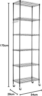 Himimi 6-Tier Storage Shelf Units, Adjustable Wire Shelving with Wheels, Metal Shelves with Stainless Side Hooks, Free Standing Shelving for Laundry Bathroom Kitchen Pantry Closet, Black
