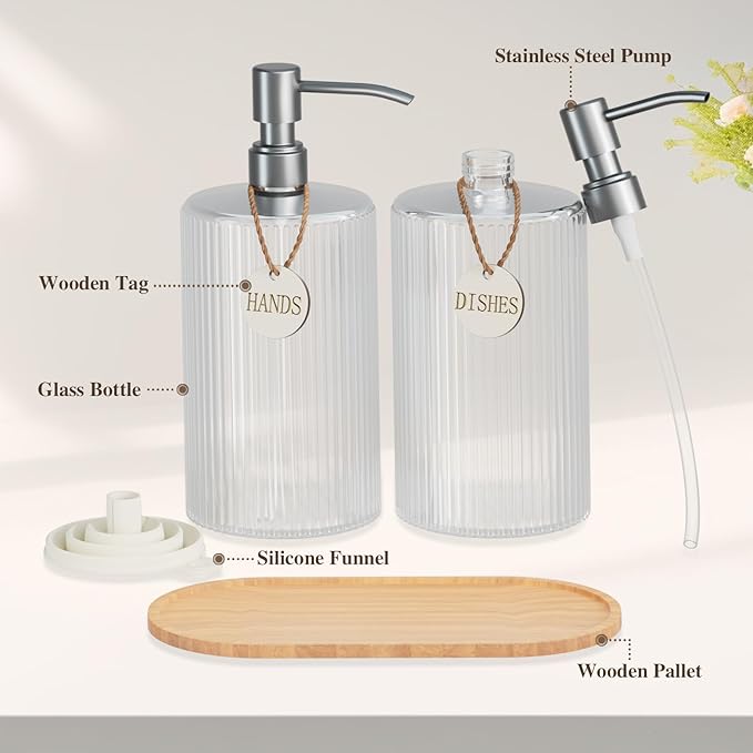 Glass Dish Soap Dispenser Set for Kitchen Sink,18Oz Hand Soap Dispenser for Bathroom with Wood Tray & Silver Stainless Steel Pump,Vertical Stripe Design
