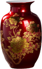 Red Vase Oriental Ceramic Flower Vases Decorated with Peony Design for Home Living Room Ornaments and Wedding Tall 9''
