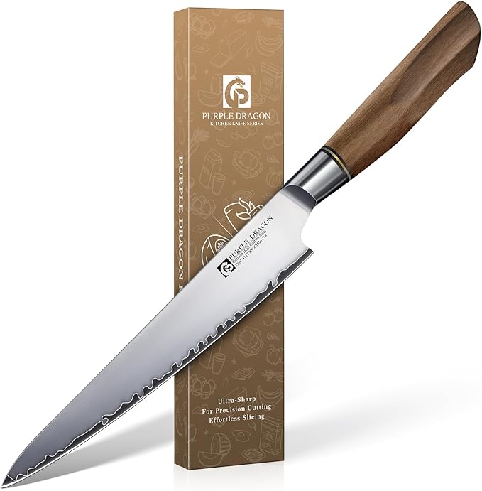 Purple Dragon Gyuto Chef Knife 7.5 Inch, German Vg10 Steel Ultra Sharp Kitchen Knife for Cutting Slicing, Meat Cleaver, Ergonomic Wooden Handle, Gift Box