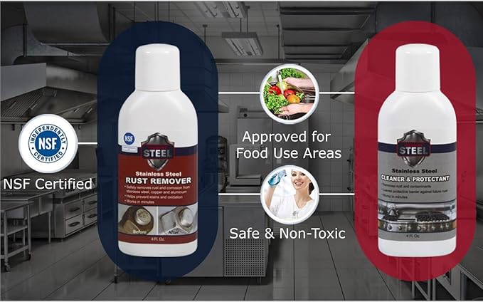 – Stainless Steel Rust Stain Remover Kit with Protector – Fast Acting for Commercial Equipment Rust Cleaner for Appliances, Grills & More – Food-Safe Stainless Steel Cleaner (4 oz)