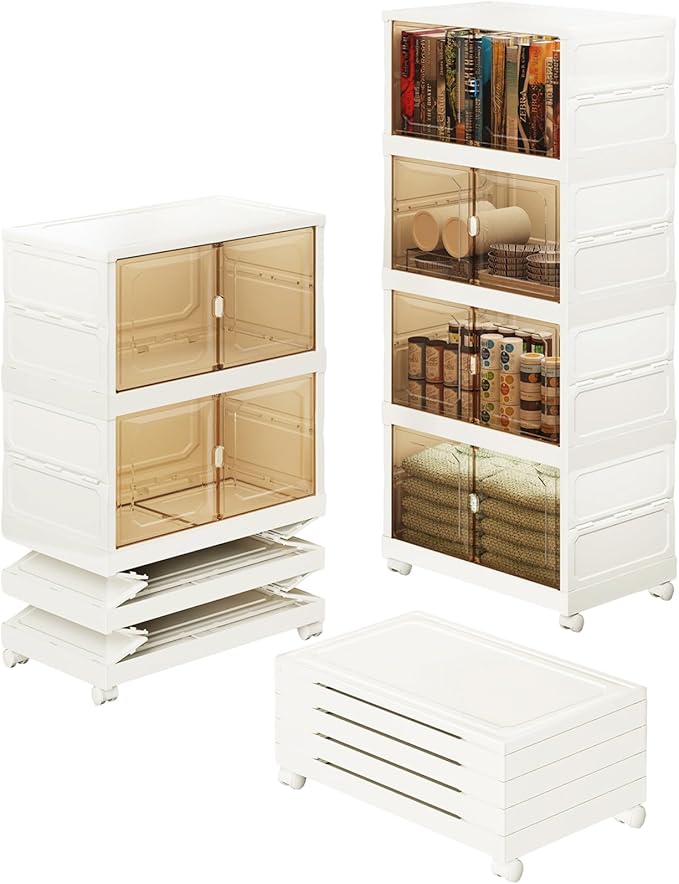 220 QT Large Collapsible Plastic Storage Bins, 4 Tier Stackable Storage Bins for Closet Bedroom, Large Plastic Containers with Wheels, Storage Cabinet with Magnetic Doors, White (220QT-4Tier)