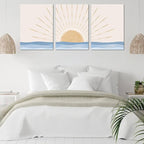 Boho Minimalist Wall Art Set of 3, Framed Canvas Prints - Geometric Line Sunrise Designs, Modern Neutral Wall Art for Living Room, Bedroom, Bathroom, Office, Hotel