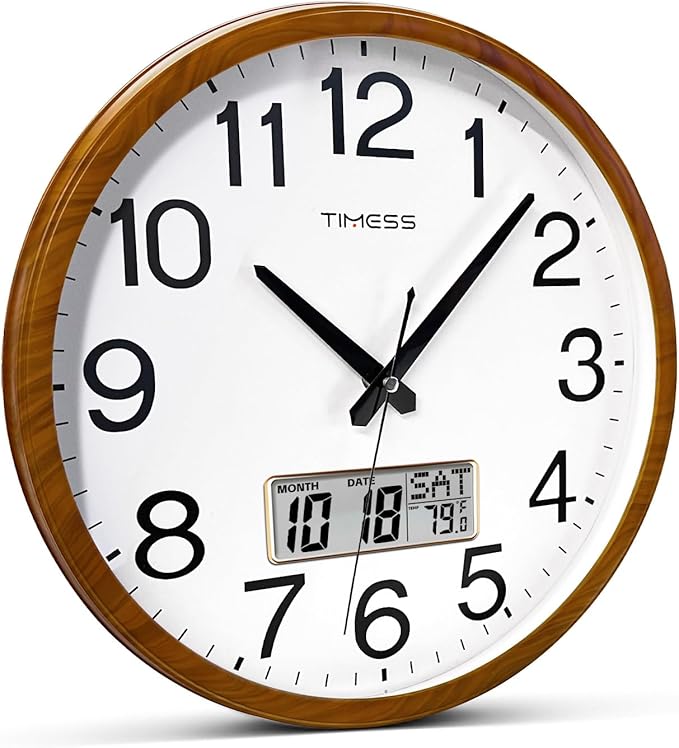 Wall Clock, Classic Wood Style Finish, 13 Inch Non-Ticking Silent Battery Operated Quartz Analog with Perpetual Calendar and F° Temperature Display, Home, Office Décor (Chestnut Yellow)