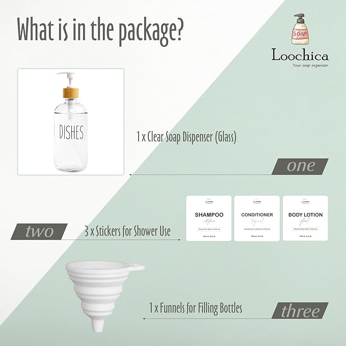 Dish Clear Glass Soap Dispenser with Plastic Pump, 16 Oz Transparent Dish Soap Dispenser Set Refillable Reusable Apothecary Soap Pump Dispenser Bottles for Bathroom and Kitchen