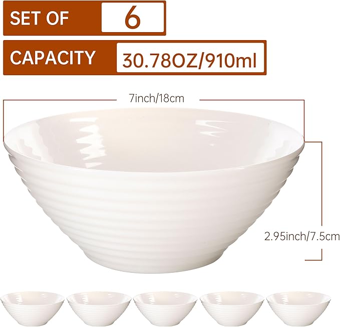 C CREST 30oz White Glass Bowl Set of 6, Perfect for Soup, Cereal, Ramen, Oatmeal, Fruit, Salad, Rice Bowls, Great for Breakfast, Lunch & Dinner