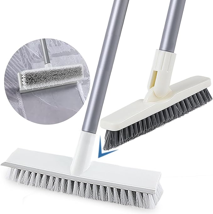 Floor Scrub Brush and Grout Brush Set with Long Handle, Heavy Duty Grout Cleaner Brush with Stiff Bristle for Tile, Corner, Carpet, Garage, Deck, Shower Floor (2 Pack Brush Head)