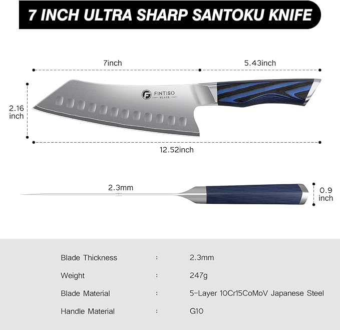 FINTISO 7 Inch Chef Knife, Ultra Sharp Kitchen Knife with G10 Handle, High-End 5 Layers 10Cr15CoMoV Japanese Stainless Steel Santoku Knife, Professional Cutting Knife for Vegetables and Meat