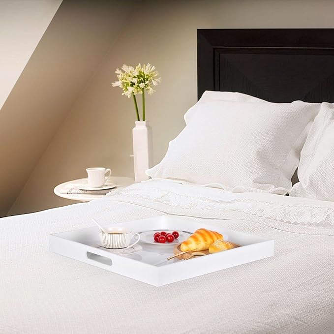 White Acrylic Large Ottoman Tray with Handles 18"x18"x2" Spill Proof Serving Tray Rubber Boot Organizer Tray Decorative for Living Room Bedroom Kitchen Entryway Coffee Table Countertop