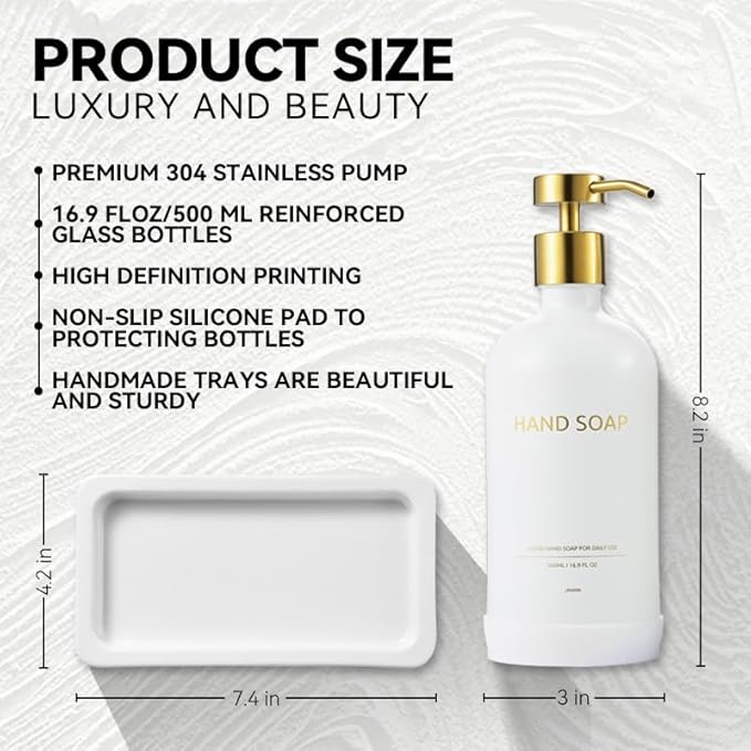 Glass Kitchen Soap Dispenser Set with Ceramic Tray,16.9 floz Hand and Dish Soap Dispenser for Kitchen and Bathroom Decor (White + Gold(Lotion))