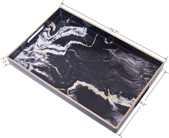 MAONAME Decorative Tray, Plastic Marbling Tray with Handles, Rectangular Coffee Table Trays for Ottoman, Bathroom, 15.7” x 10.2”, Black