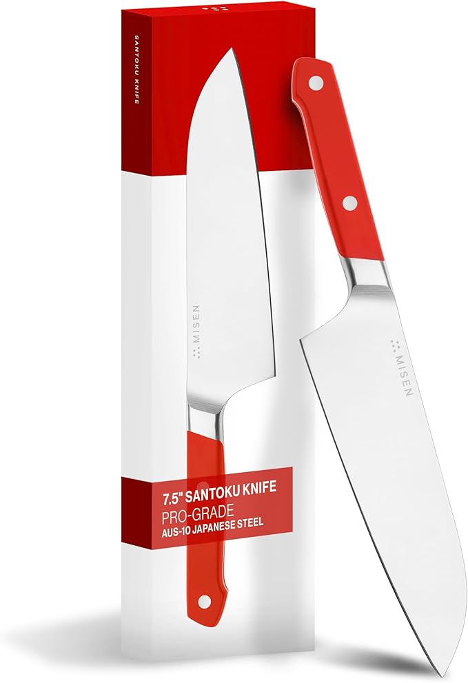 Misen Japanese Santoku Chef Knife - 7.5 Inch High Carbon Stainless Steel - Classic Japanese Knife Design for Cutting, Slicing, and Chopping - Razor Sharp Japanese Style Kitchen Knife, Red