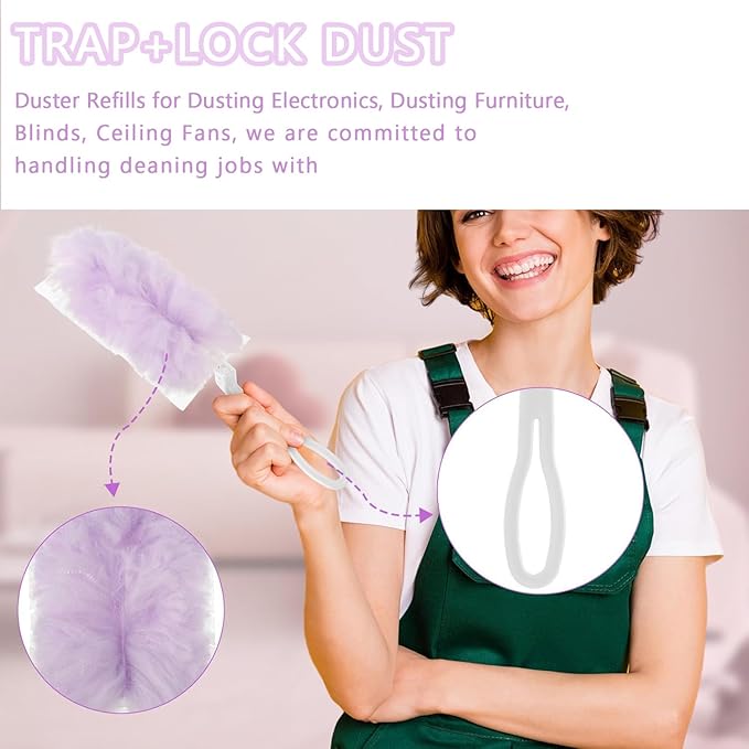Duster Refills Compatible with Swiffer Duster, Heavy Duty Multi Surface Duster Replacement with 1 Extra Handle for Cleaning Furniture, Blinds, Ceiling Fans and Car (Purple- 20 Pack)
