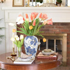 Blue and White Ceramic Vase for Home Decor – Hand-Painted Porcelain Flower Vase with Gold Accents – Chinoiserie-Inspired Home Decor Vases – 9" for Table, Shelf, or Mantel