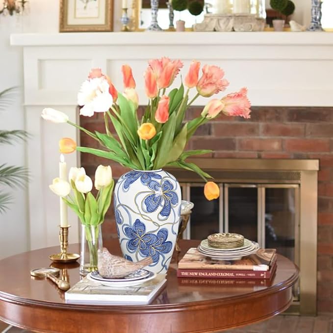 Blue and White Ceramic Vase for Home Decor – Hand-Painted Porcelain Flower Vase with Gold Accents – Chinoiserie-Inspired Home Decor Vases – 9" for Table, Shelf, or Mantel
