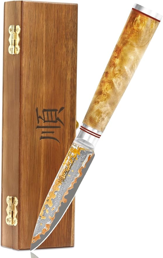 YOUSUNLONG Kitchen Paring Knife 3.5”Japanese Handmade Copper Damascus Steel Blade Fruit Knives - Ultra Sharp Peeling Knife - Naturel Burl Wooden Handle with Acacia Wood Box