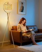 Lightdot Tripod Floor Lamp for Living Room, Gold Standing Lamp with E26 LED Bulb, Rattan Boho Floor Lamp, Farmhouse Tall Lamp for Bedroom, Arced Reading Light with Rattan& Linen Double Shades