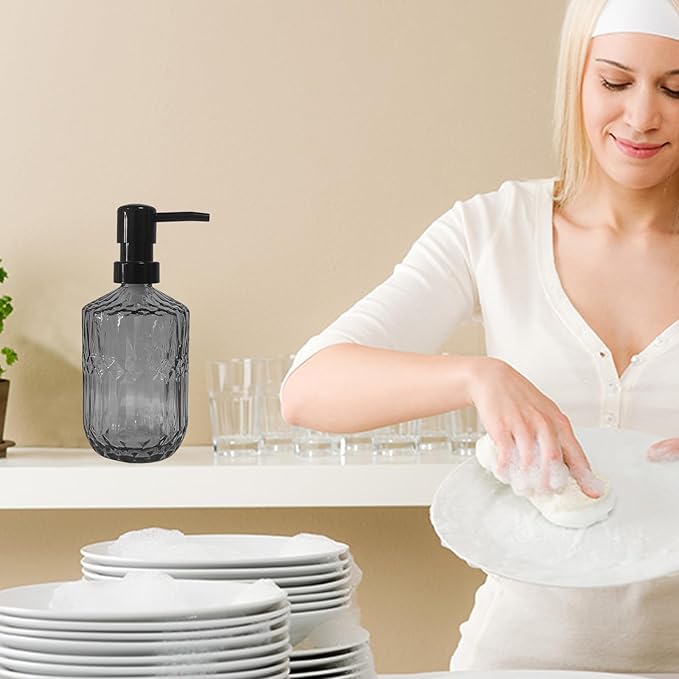 Grey Glass Soap Dispenser with Black Pump, 15oz Liquid Hand Dispenser, Refillable Lotion Dish Soap Dispenser for Modern Home Decor, Bathroom, Kitchen Countertop, Hotel