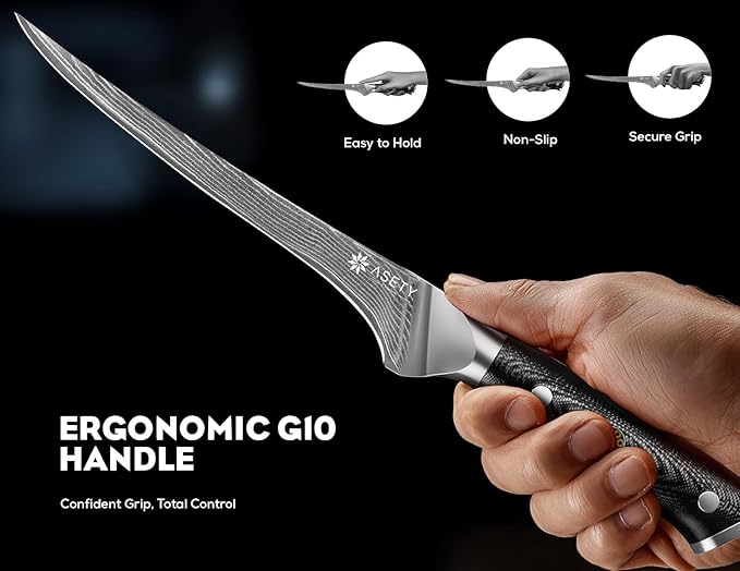 Damascus Fillet knife 7 Inch - Ultra-Sharp Fillet Knife for Fish and Meat, Professional Japanese Boning Knife with VG10 Steel Core, Full Tang G10 Handle, Elegant Box