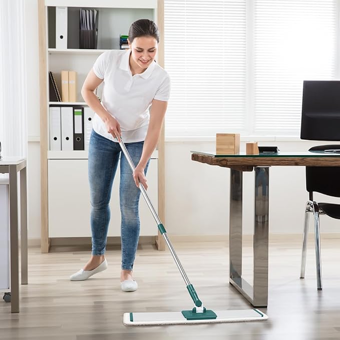 CQT Commercial Flat Microfiber Floor Mop Cleaning System 24" Inch Wet Dry and Dust Hardwood with 4 Washable Pads Cleaner for Laminate Tile Stainless Steel Handle and Extension (PT14 Green)