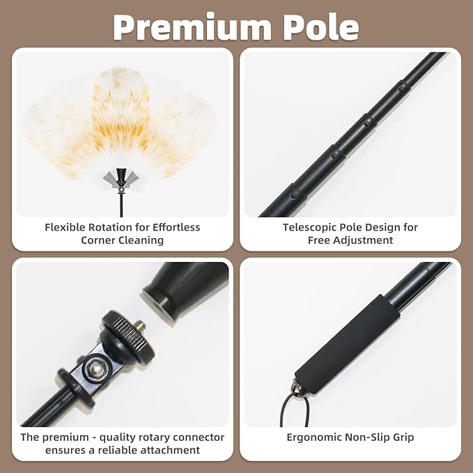 Extendable Lambswool Duster with 23-47 inch Bendable Aluminium Alloy Pole, Natural Fluffy Reusable Wool Duster for Cleaning High Ceilings, Pendant Lamps, Blinds, Furniture and Roof