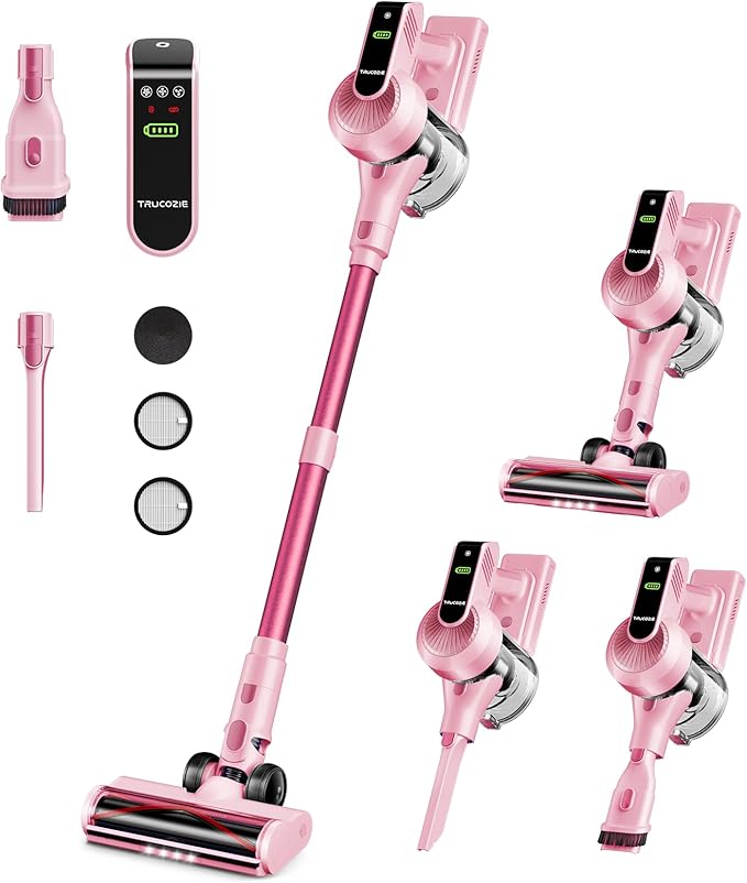 Cordless Vacuum Cleaner, 40Kpa 45Mins Vacuum Cleaners for Home, 8-in-1 Lightweight Stick Vacuum with Powerful Suction, Anti-tangle Wireless Vacuum for Carpet, Tile, Pet Hair, Hardwood Floors, Pink