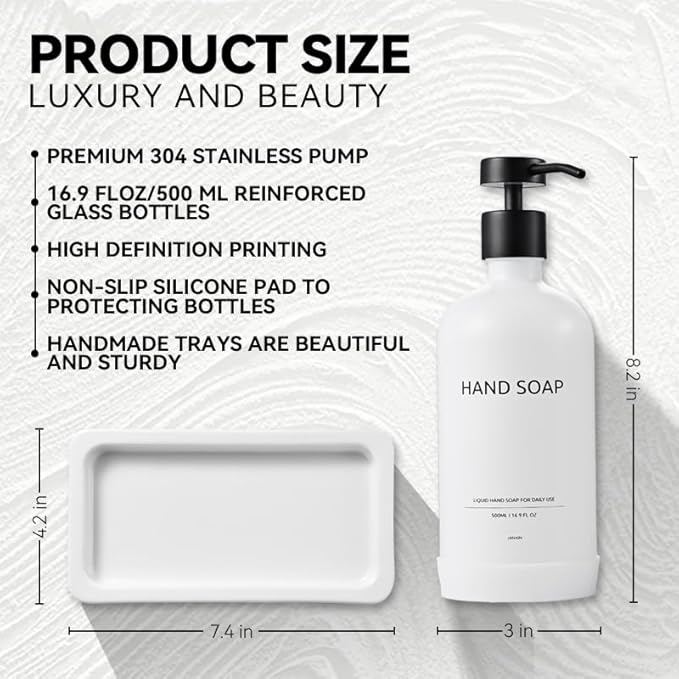 Glass Soap Dispenser Set with Ceramic Tray, 16.9 floz Hand and Dish Soap Dispenser for Bathroom Decor, White and Black Kitchen Accessories (White Bottles + Black Pumps)