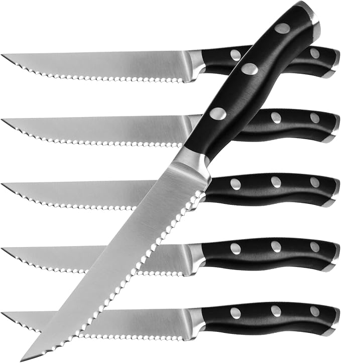 Alata 6-Piece Steak Knives Set, 4.7 Inch with Serrated Edge Razor-Sharp Dinner Knives, Full-Tang Construction, Dishwasher Safe