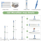 CQT Commercial Flat Microfiber Floor Mop Cleaning System 18" Inch Wet Dry and Dust Hardwood with 4 Washable Pads Cleaner for Laminate Tile Stainless Steel Handle and Extension (PT13-Blue)