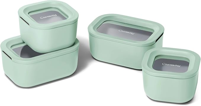 Caraway Mini Food Storage 9pc Set - Glass Storage Containers for Food - Non-Toxic Ceramic-Coated Glass - Air Release Technology - Compact & Stackable Design - Mist