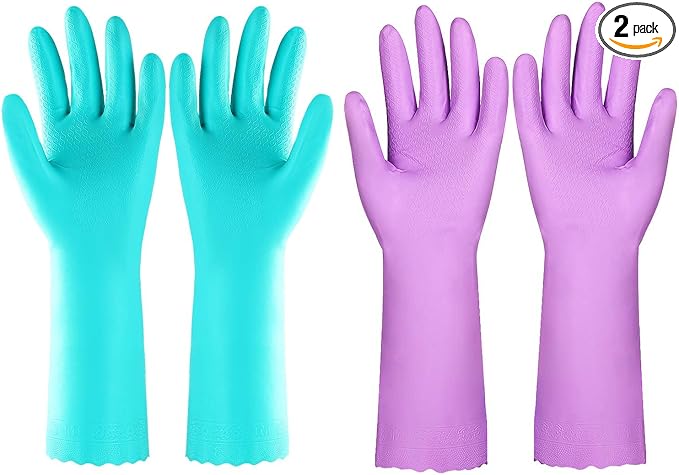 Elgood Reusable Dishwashing Cleaning Gloves with Latex free, Cotton lining,Kitchen Gloves 2 Pairs,Purple+blue Medium