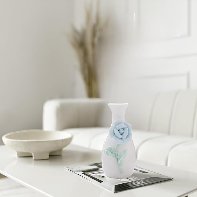 Handmade Ceramic Small vase Creative mini vase Home Decoration Ornament with 3D Floral Design (3D Flowers-rose1PCS)