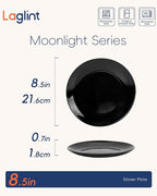 8.5 inch Salad Plate Set of 6, Lightweight Opal Glass Round Black Plates for Appetizer Dessert Kitchen, Dishwasher and Microwave Safe