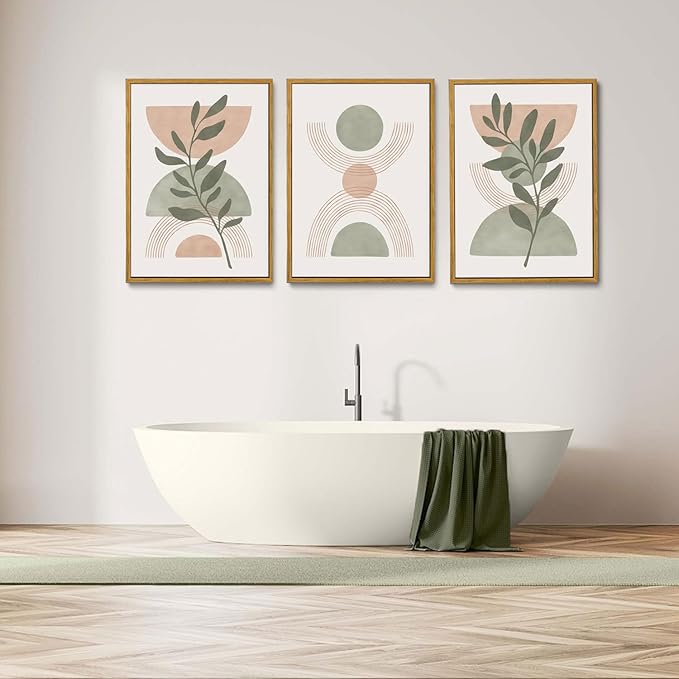 Bwodke Boho Wall Art, Framed Abstract Wall Art, Green Botanical Neutral Canvas Wall Decor, Large Mid Century Plant Pictures Set of 3, Modern Minimalist Paintings, for Bedroom Living Room Bathroom