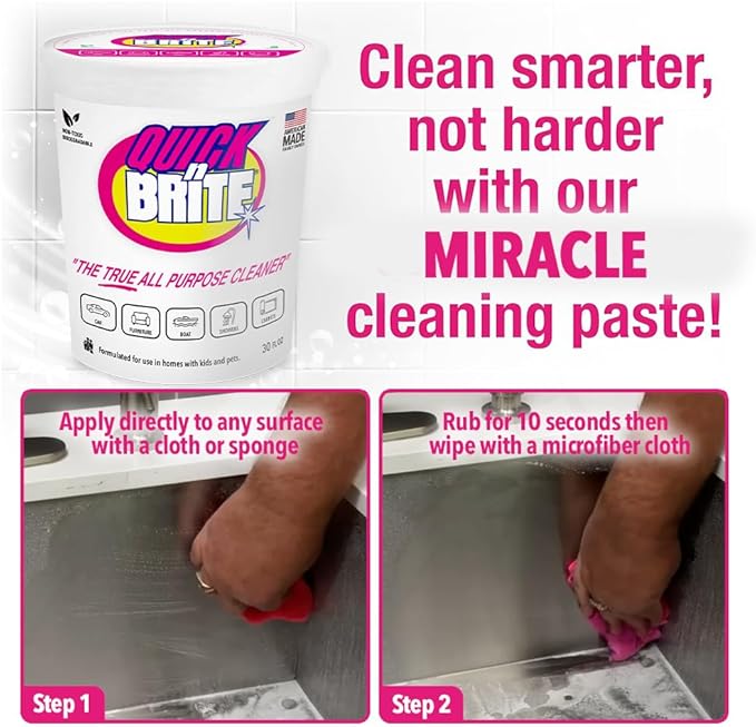 Quick 'n Brite All Purpose Cleaning Paste – Kid & Pet Safe, Powerful Multi-Surface Cleaner for Kitchens, Carpets, BBQ, Tubs & More – 32 oz Biodegradable