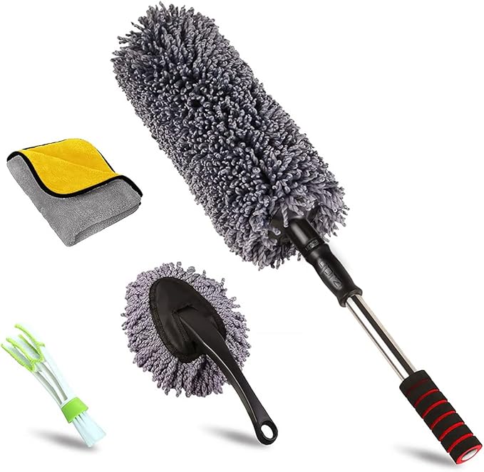 upra Ultimate Car Duster Kit，Best Microfiber Multipurpose Duster,Interior &Exterior Cleaning Tools,Dashboard Detailing Brush,Scratch Lint Free,Pollen Removing,extendable Handle,Tuck,SUV,RV,Set of 4