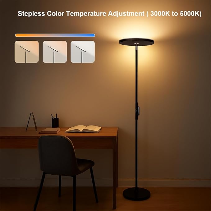 JOOFO Floor Lamp,30W/2400LM Sky LED Modern Torchiere 3 Color Temperatures Super Bright-Tall Standing Pole Light with Remote & Touch Control for Living Room,Bed Room,Office (Black)
