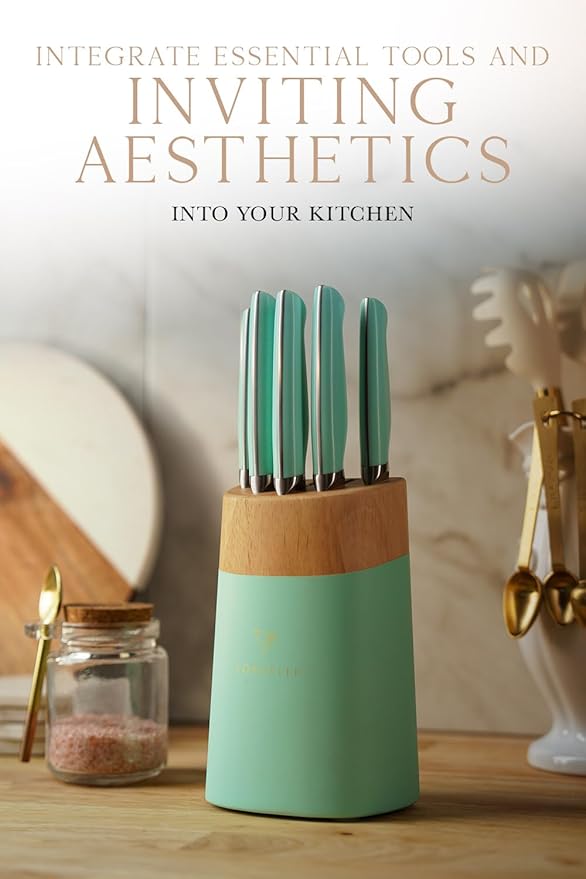 Lordelle Knife Block Set - 5 Piece Set - Coastal Green - Lifestyle Home Kitchen Design - German X50 Stainless Steel - ABS Handle - Ash Wood Block - Cooking Chef Knife, Santoku, Paring, Utility