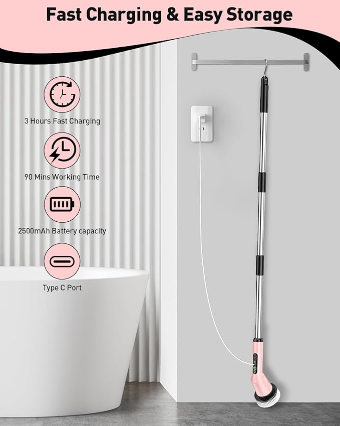 Electric Spin Scrubber for Cleaning Bathroom, Shower Scrubber Cordless Cleaning Brush with IPX7 Waterproof & 2 Speed, 3 Brush Heads, Bathroom Cleaning Supplies for Shower Tub Kitchen Tile Toilet Pink