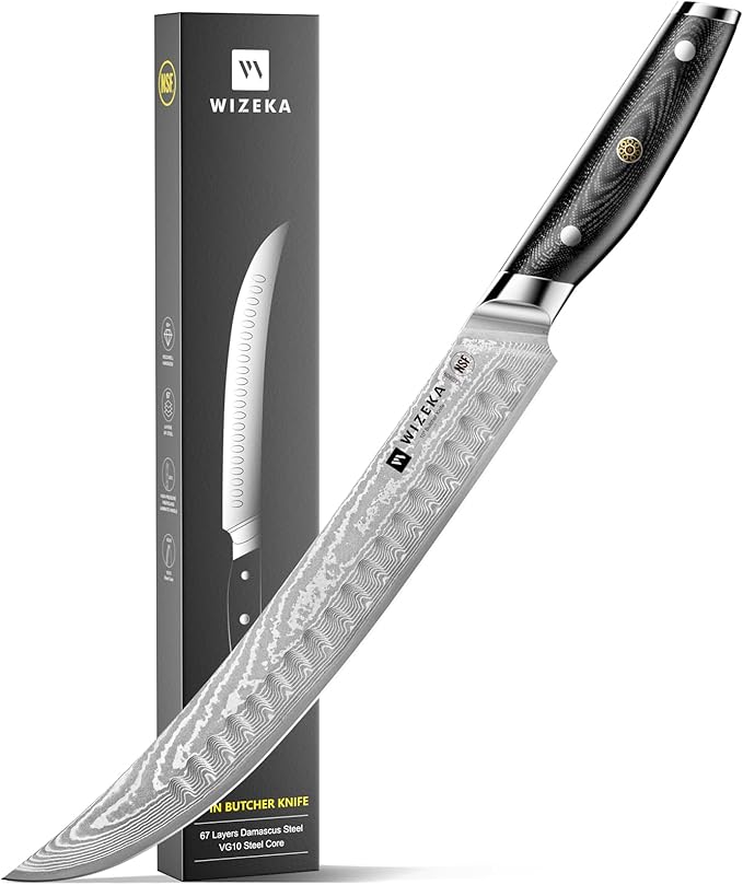 WIZEKA Carving Knife-10 Real Damascus Breaking Knife,Razor Sharp Butcher knife Curved Scimitar Brisket Knife for Meating Cutting with G10 Handle