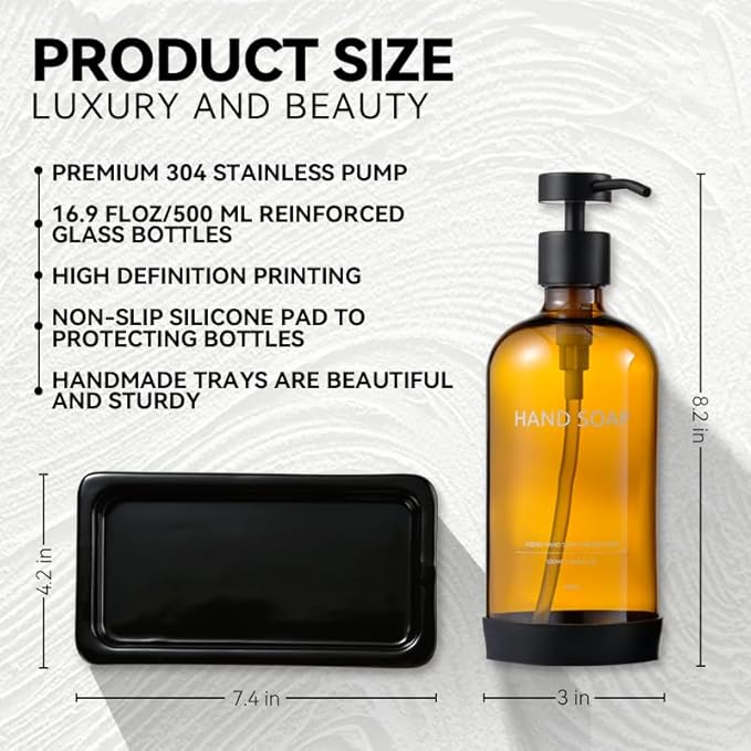 Glass Kitchen Soap Dispenser Set with Ceramic Tray,16.9 floz Hand and Dish Soap Dispenser for Kitchen and Bathroom Decor,Amber Kitchen Accessories(Amber Bottles + Black Pumps)