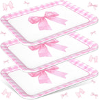 3Pcs Pink Bow Serving Trays 13 x 10 Inch Watercolor Ribbon Bow Knot Reusable Platter Pink White Plaid Serving Dishes for Coquette Birthday Wedding Baby Shower Party Decor