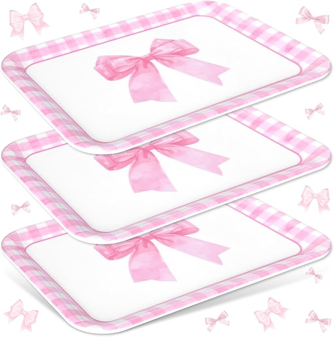 3Pcs Pink Bow Serving Trays 13 x 10 Inch Watercolor Ribbon Bow Knot Reusable Platter Pink White Plaid Serving Dishes for Coquette Birthday Wedding Baby Shower Party Decor