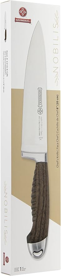Mundial Nobilis 8” Chef Knife – Tempered Stainless Steel Blade, Textured Wood Handle, Forged for Durability, Sharp Precision Slicing, Ideal for Meat Cutting